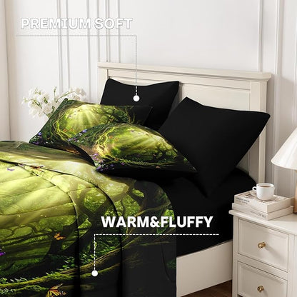 Nesker 7 Pcs Spring Comforter Set Queen Size, Green Forest Path Bedding Set for Kids and Adults, Magical Butterfly Nature Bed Sheet Sets with Fitted Sheet 2 Pillowcases & 2 Shams