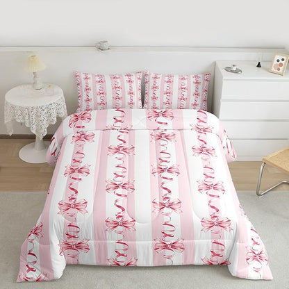 Erosebridal Pink Ribbon Bow Comforter Set Cute Coquette Bowknot King Bedding Set for Girls,Romantic Aesthetic Princess Bow Comforter Pink Geometric Striped Line Bed Set for Kids Teen Adults
