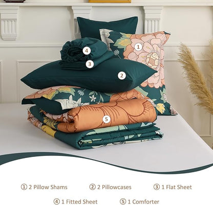 DJY 7 Pieces Green Floral Comforter Set Bed in a Bag Queen, Boho Botanical Comforters Sets with Sheets Set, Soft Microfiber Farmhouse Bedding Set for All Season(90''x90'')