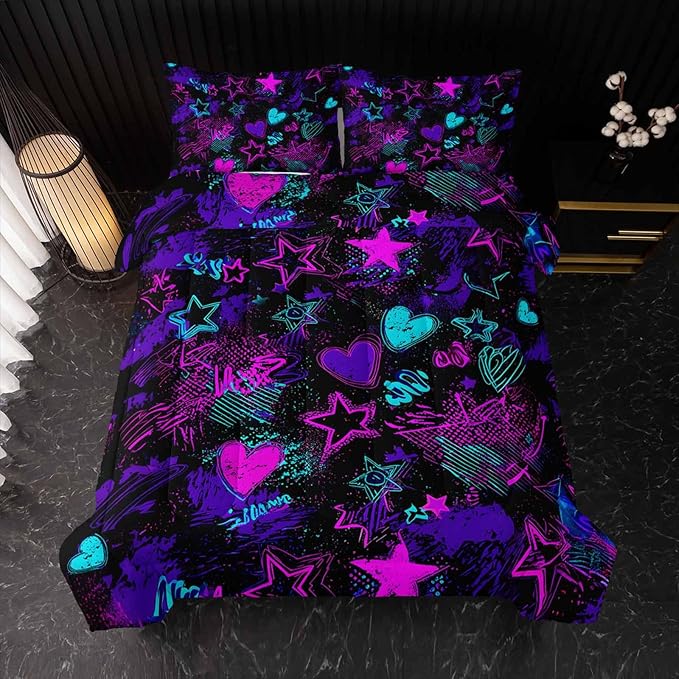 Purple Stars Comforter Set Queen Size,Galaxy Starry Printed Bedding Set,Purple Stars Room Decor with Soft and Lightweight Comforter and 2 Pillowcases