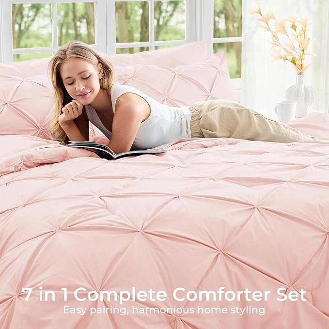 Sasttie Full Size Comforter Set, 7-Piece Bed in a Bag, Pintuck Bedding Set for All Season, Includes Comforter, Flat Sheet, Fitted Sheet, Pillowcases and Pillowshams, Blush Pink