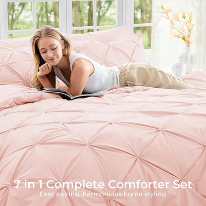 Sasttie Twin XL Comforter Set, 5-Piece Bed in a Bag, Pintuck Bedding Sets for All Season, Includes Comforter, Flat Sheet, Fitted Sheet, Pillowcase and Pillowsham, Blush Pink