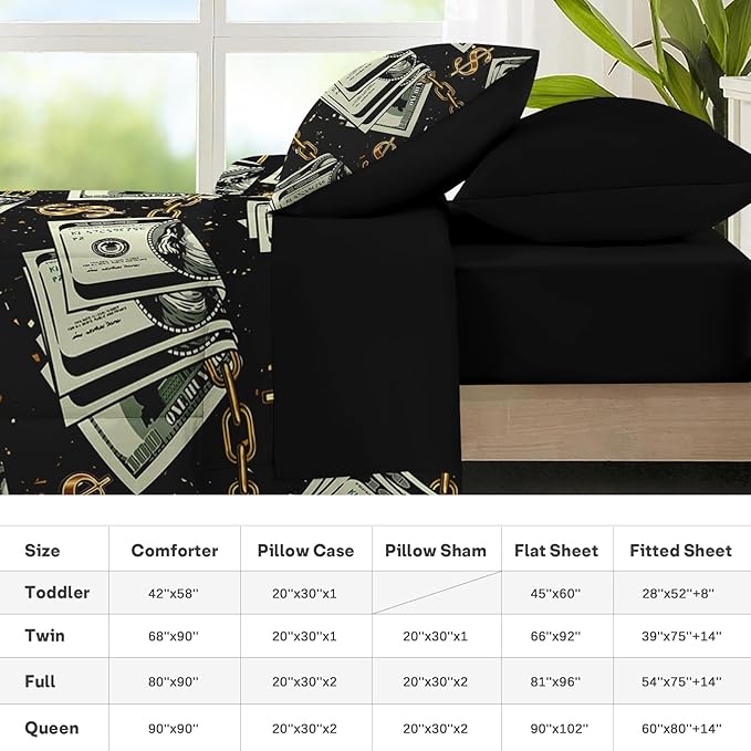 Nesker 5 Pcs Comforter Set Twin Size, Gold Money Bill Coins Bedding Set for Kids and Adults, Abstract One Hundred Dollar Bed Sheet Sets with Fitted Sheet Pillowcases & Shams
