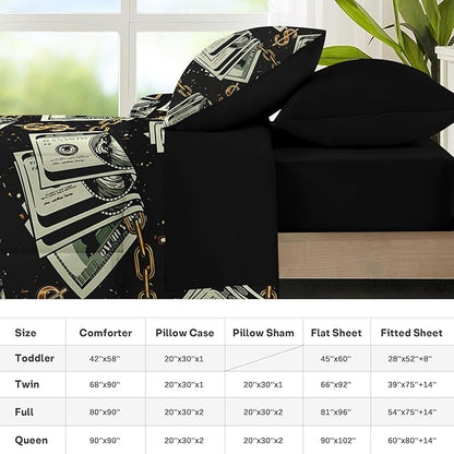 Nesker 7 Pcs Comforter Set Queen Size, Gold Money Bill Coins Bedding Set for Kids and Adults, Abstract One Hundred Dollar Sheets Bed Sheet Sets with Fitted Sheet 2 Pillowcases & 2 Shams