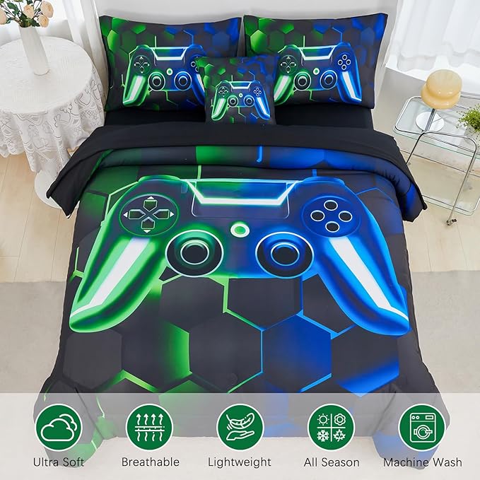 URBONUR Full Size Gamer Comforter Sets for Teen Boy 6 Pieces Green Blue 3D Game Bedding Sets with Sheets Lightweight & All Season