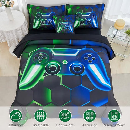 URBONUR Full Size Gamer Comforter Sets for Teen Boy 6 Pieces Green Blue 3D Game Bedding Sets with Sheets Lightweight & All Season
