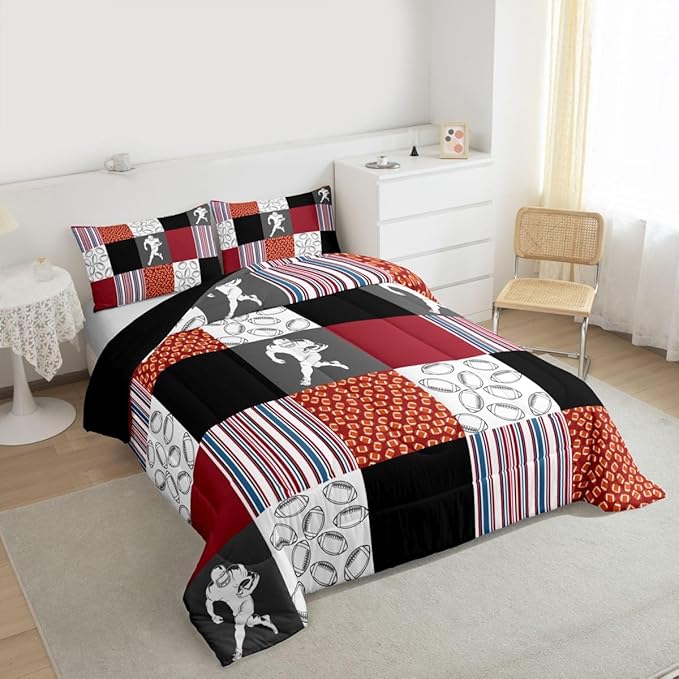 Feelyou Football Kids Comforter Set Twin Size Rugby Sports Bedding Set Soccer Ball Game Duvet Quilt for Kids Boys Girls Bedroom Gift for Football Lover Decor Orange Red Ultra Soft Breathable