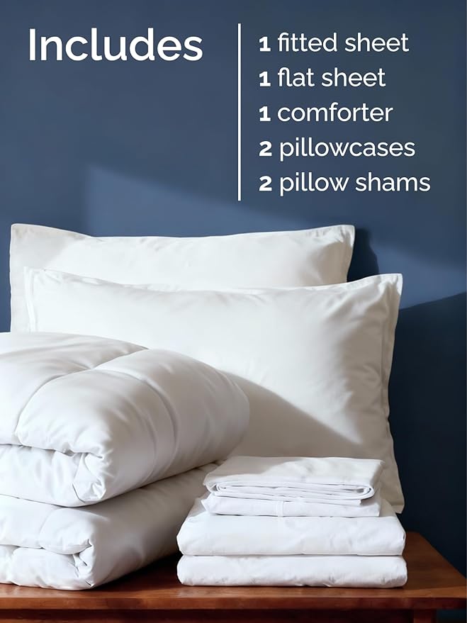 Queen Comforter Set - 7 Piece Bed in a Bag Queen Size Bed Set - Down Alternative Comforter, Flat Sheet, Fitted Sheet, Pillowcase & Shams for All Seasons - Ultra Soft, Cozy, Comfy & Breathable - White