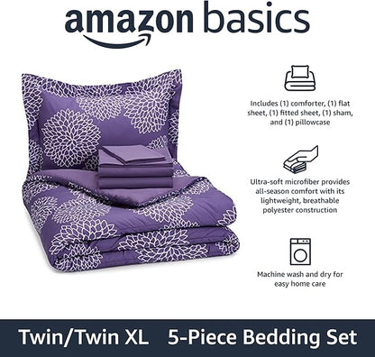 Amazon Basics 5-Piece Lightweight Microfiber Comforter Set with Sheets, Bed-in-a-Bag, Purple Floral Bedding, Twin/Twin XL