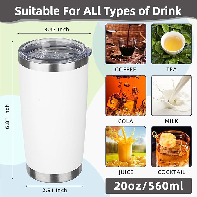 20oz Tumbler with Lid Stainless Steel Insulated Tumblers Travel Coffee Tumbler Bulk Double Wall Vacuum Insulated Water Cup Christmas Gifts for Women Men Her Him Home Office (White, 6pack)