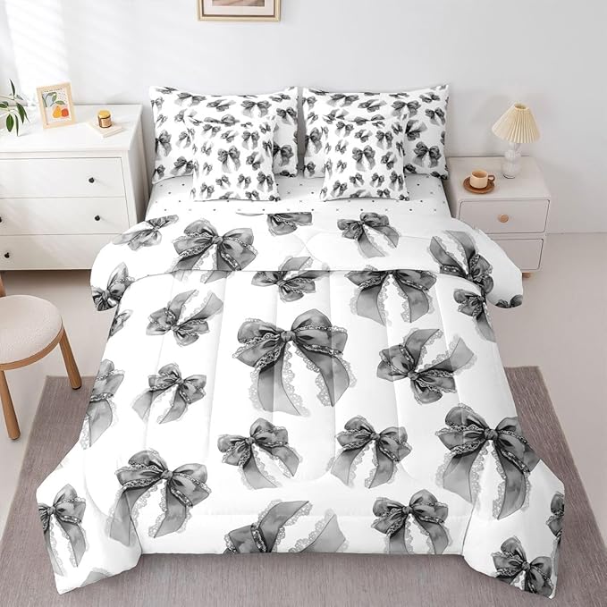 Erosebridal Bowknot Girls Kawaii Black Comforter Set Queen Size 7 Pieces | Dreamy Bed in A Bag Cute Bow Bed Set Lace Princess Bedding