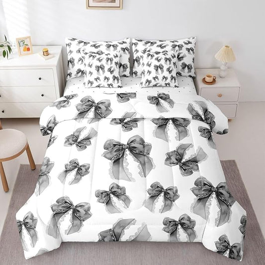Erosebridal Bowknot Girls Kawaii Black Comforter Set Queen Size 7 Pieces | Dreamy Bed in A Bag Cute Bow Bed Set Lace Princess Bedding