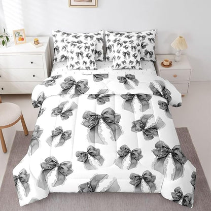 Erosebridal Bowknot Girls Kawaii Black 7 Piece Bedding Set Twin | Dreamy Comforter Set with Sheets Cute Bow Bed in A Bag Lace Princess Bed Sets