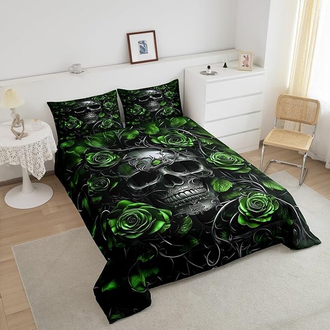 Erosebridal Adults Gothic Comforter Set Bohemian Boho Goth King Bedding Set Vintage Horror Skull Bed Sets Lime Green Rose Baroque Victorian Romantic Rose Duvet Insert,Halloween Gothic Decor