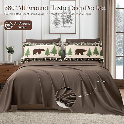 Comforter Set Queen Size Rustic Bear Comforter Bedding-7 Piece Bed in a Bag, Soft Fluffy Reversible Microfiber Bedding Set(1 Comforter,1 Flat Sheet,1 Fitted Sheet,2 Pillowcases,2 Pillow Shams),Green