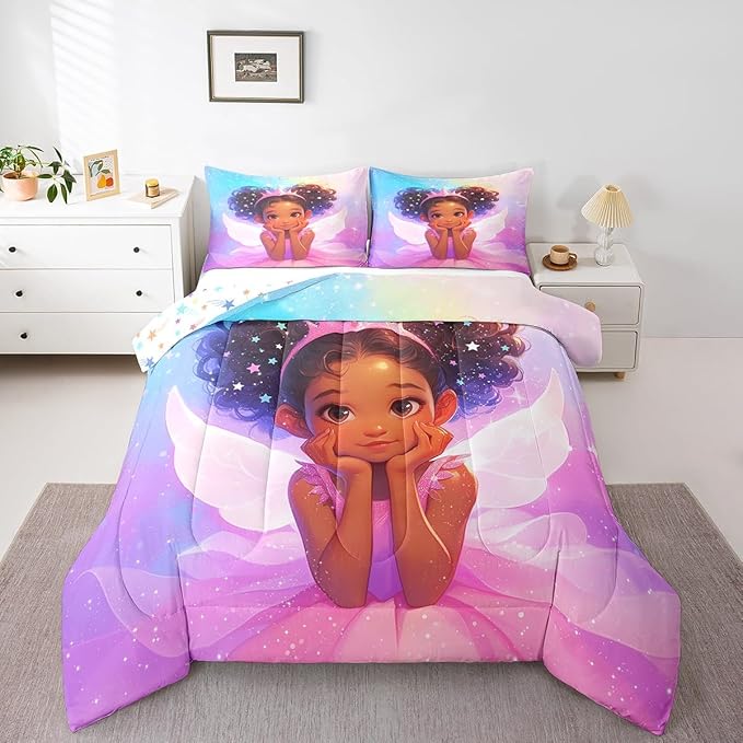 Manfei Black Little Girl Comforter Set King Size, Cute Girl Princess with Wings Down Comforter, Blue Purple Pink Galaxy Bedding Set for Kids Room Decor, Reversible Duvet Insert,2 Pillowcases