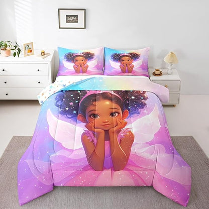 Manfei Black Little Girl Comforter Set King Size, Cute Girl Princess with Wings Down Comforter, Blue Purple Pink Galaxy Bedding Set for Kids Room Decor, Reversible Duvet Insert,2 Pillowcases