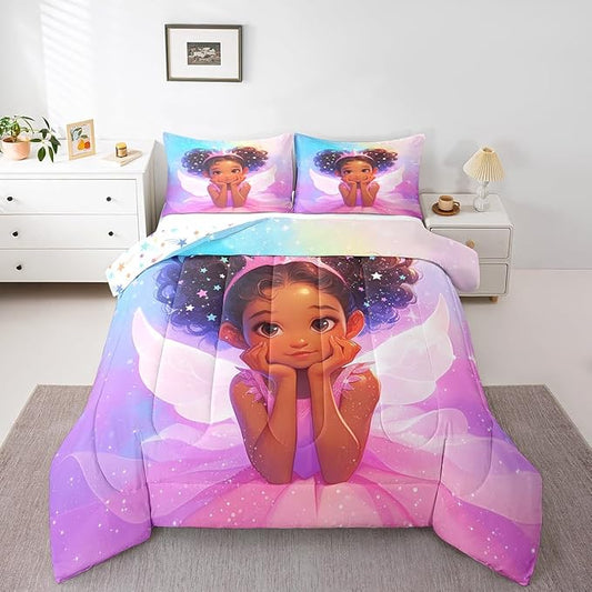 Manfei Black Little Girl Comforter Set King Size, Cute Girl Princess with Wings Down Comforter, Blue Purple Pink Galaxy Bedding Set for Kids Room Decor, Reversible Duvet Insert,2 Pillowcases