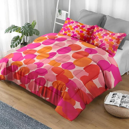 Comforter Set King Size, Pink Orange Colorful Soft 3 Pcs Bedding for Kids and Adults, Fruit Retro Leaves Comforter Set with Pillowcase, for Bedroom Bed Decor
