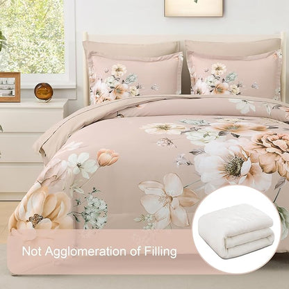 Floral Comforters Queen Size 7 Pieces Botanical Dusty Pink Flower Bed in a Bag Ulter Soft Microfiber Bedding Set, Lightweight Bed Comforter Set with Sheets for All Season (Dusty Pink, Queen)