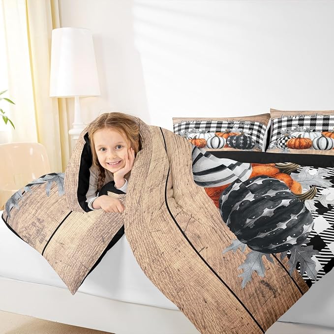 Fall Pumpkins Comforter Set King Rustic Farmhouse Thanksgiving Theme Bedding Set Black White Buffalo Plaid Bedding Comforter Sets Happy Autumn Fall Quilt Duvet Wooden Board Home Room Decor 3 Pcs
