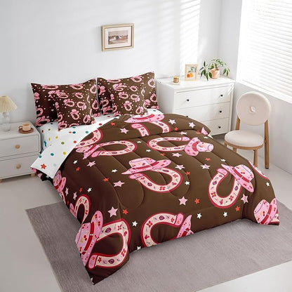 Feelyou Pink Western Cowgirl Comforter Set with Sheets Twin Size Kids Rodeo Horseshoe Hat 7 Pieces Bedding Set for Boys Girls Teens West Cowboy Bed in a Bag Grunge Design Bed Set