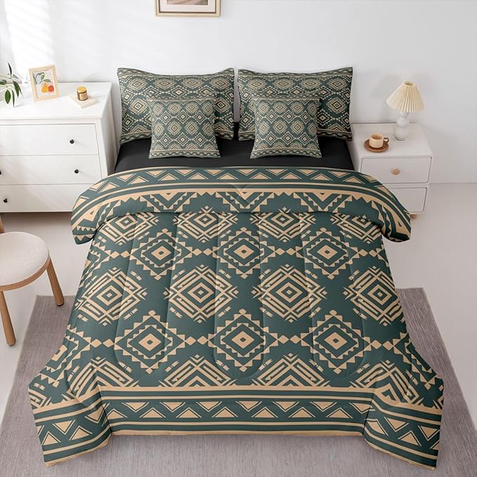 Erosebridal Rustic Western Queen Comforter Set with Sheets 7 Piece Vintage Southwestern Bed in A Bag Farmhouse Aztec Nordic Style Bedding Sets for Men Adults Boho Geometric Diamond Bed Set