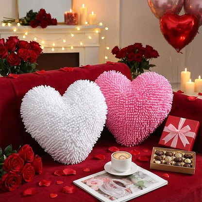 2 Pcs Valentine's Day Heart Shaped Pillow 14 Inch Heart Chenille Pillow Cushion Plush Soft Throw Cushion with Removable Cover for Sofa Couch Bed Women Valentine's Gifts(White, Pink)