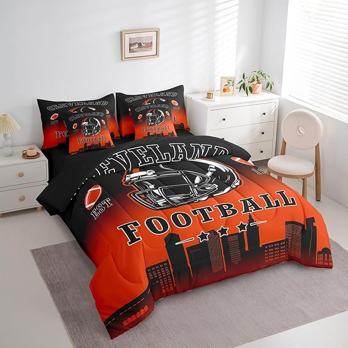 Erosebridal Football City Bed in A Bag Sports Rugby 7 Piece Bedding Set Black Orange Ombre Football Comforter Set with Sheets Twin Size for Kids Boys Teen Adults,Ball Sports Games Bed Set