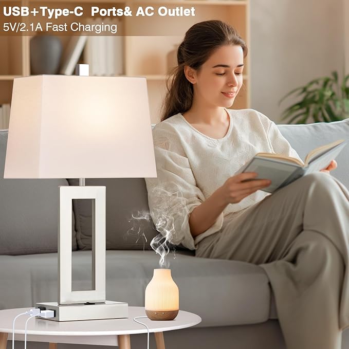 Table Lamp Set of 2 with USB C+A Ports & AC Outlet, Bedside Lamps, Modern Bedroom Lamps, Silver Lamps for Night Stands Bedroom Living Room,Nightstand Lamp（Push Button Swich