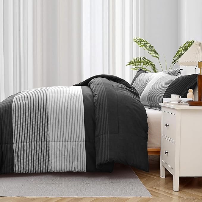 WONGS BEDDING Black Comforter Set Full, Reversible Black Grey Stripe Down Alternative Comforter for All Season,3 Pieces(1 Patchwork Comforter+2 Pillowcases), Soft Microfiber Bedding Set 78”×90”
