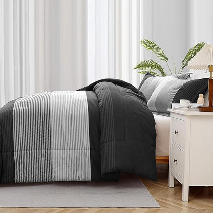 WONGS BEDDING Black Comforter Set Full, Reversible Black Grey Stripe Down Alternative Comforter for All Season,3 Pieces(1 Patchwork Comforter+2 Pillowcases), Soft Microfiber Bedding Set 78”×90”