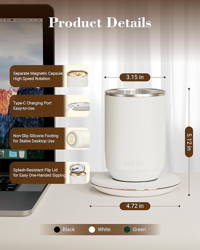Self-Heating Coffee Mug, Coffee Mug with Self Stirring&Fast Heating, 10oz Temperature Controlled Coffee Cup Warmer, Heated for Tea/Coffee at Office/Kitchen/Travel, with Reusable Coffee Dripper, White