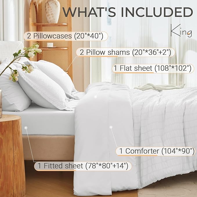 MUXHOMO 7 Pieces King Comforter Set, Seersucker Bed in a Bag King Size, All Season Luxury Bedding Set with Comforter, Flat Sheet, Fitted Sheet, Pillowcases & Shams, White