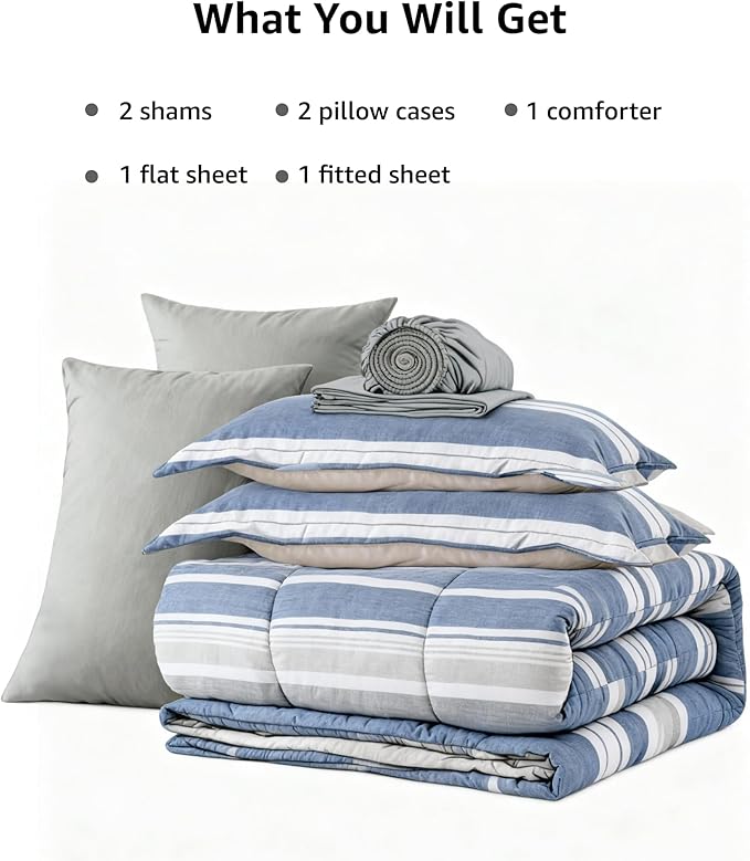 Monbix King Size Comforter Set - 7 Pieces Bed in a Bag King, Ocean Blue-Stripe Bedding Sets, All Seasons Comforter Bed Set with Sheets, Pillowcases & Shams
