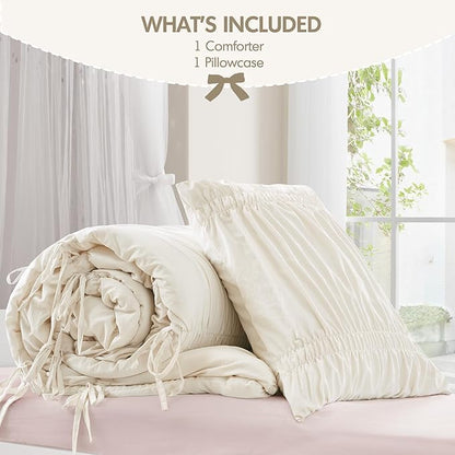 Intelligent Design Ruched Shabby Chic Comforters for Twin Size Bed, All Season Lightweight Comforter Twin, French Country Bedding Set, Sham, Ella, Twin/Twin XL, Ivory, 2 Piece