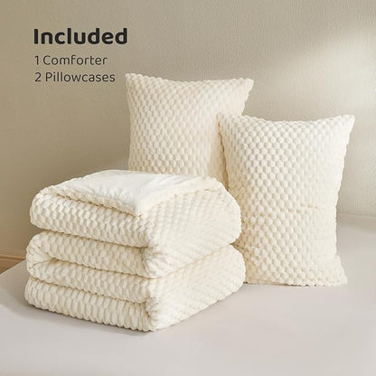 Petrichor Fluffy Queen Comforter Set - Ultra-Soft Cream White Flannel Thick Comforter for Queen Bed, Luxury Warm Bedding Set for Winter & Fall, Cozy Fuzzy Bed Set,1 Comforter & 2 Pillowcases