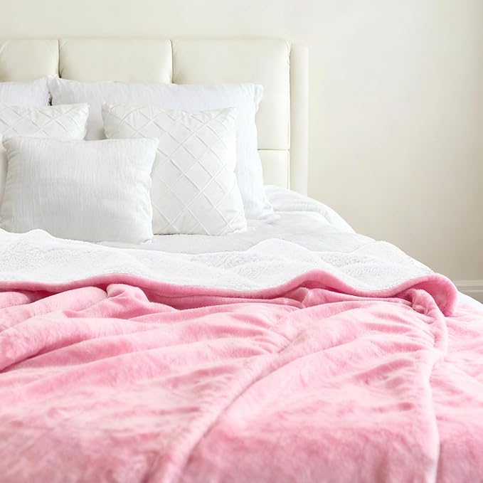Genteele Sherpa Throw Blanket Super Soft Reversible Ultra Luxurious Plush Blanket, 102 x 90 inches, Pink/White