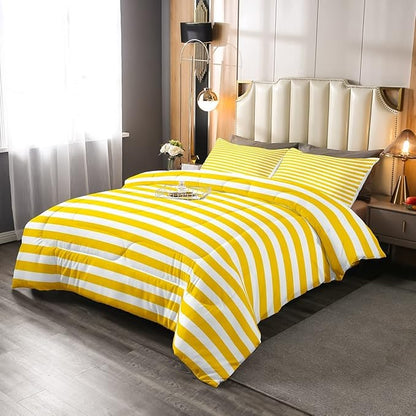 Stripe Bedding Set Yellow White Striped Comforter Set King Farmhouse Ticking Stripes Down Comforter Gothic Home Decor Horizontal Stripes Geometric Lines Reversible Duvet Set Kids Girls Women