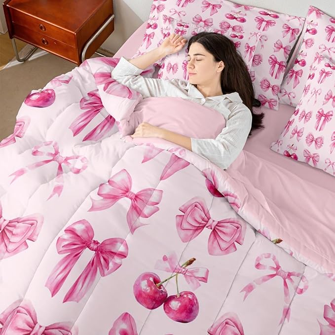 Feelyou Pink Cute Cherry Bow Comforter Set Full Size 7 Pieces Pink Bow Bedding Set for Kids Boys Girls Princess Decor Bed in a Bag with Comforter, Sheets, Pillowcases, Cushion Covers