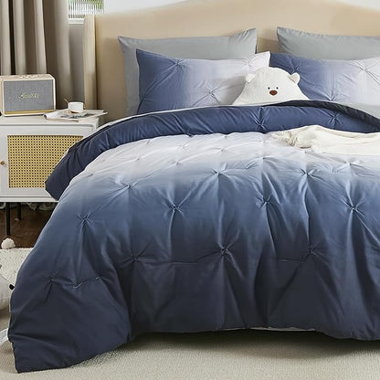 Dinjoy Ombre Comforter Set Full Size, 7-Piece Bed in a Bag for Kid Teen, Pintuck Colorful Rainbow Bedding Sets with Comforter, Flat Sheet, Fitted Sheet and Pillowcases & Shams, Blue
