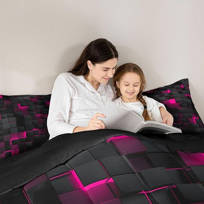 Erosebridal Black Hot Pink Comforter Set Queen Neon Geometric Checkered Bedding Set for Girls Teen Women Abstract Stereoscopic Grids Quilt Square Plaid Bed Set 3 Pcs Gamer Room Decor