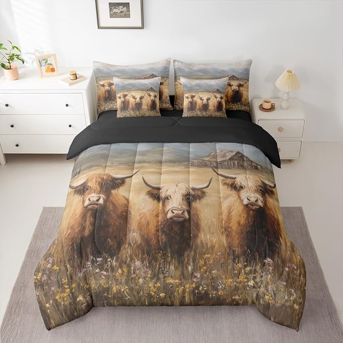 Erosebridal Western Highland Cow Comforter Sets with Sheets, Flower Highland Bull Bedding Set King for Boys Girls Rustic Farm Animal 7Pcs Bed in A Bag Watercolor Floral Farmhouse Bed Set