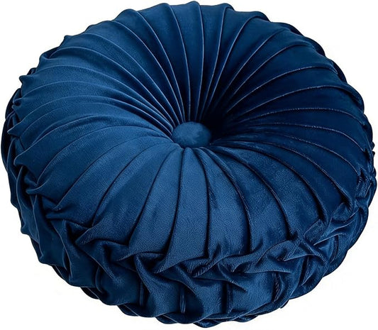 MOCOFO Round Velvet Throw Pillow, Pumpkin Shape Decorative Floor Cushion, Handcrafted Pleated Design, 14 and 16 Inch Diameter, Multiple Colors, Polyester Fill (Navy Blue, 14")