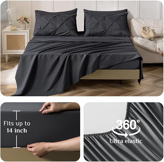 JOLLYVOGUE King Size Comforter Set 7 Pieces - Bed in a Bag King for All Season, Pintuck Bedding Comforter Sets with Comforter, Flat Sheet, Fitted Sheet and Pillowcases & Shams, Dark Grey