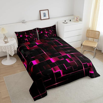 Erosebridal Pink Black Comforter Set Full Size Neon Geometric Kids Bedding Set 3 Pcs Honeycomb Bed Sets Modern Quilt,1 Comforter 2 Pillow Cases Cool Room Decor, Bside Black