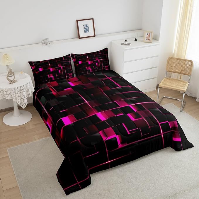 Erosebridal Stereoscopic Neon Bedding Set, Pink Black Neon Lights Glowing Kids Comforter Set Square Quilt Modern Abstract Geometric Down Comforter with 2 Pillow Cases, Queen Size