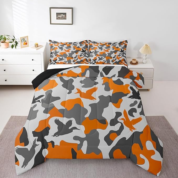 Erosebridal Duck Hunting Duvet Insert King Size Camo Bedding for Kids Army Camouflage Hunting Bedding Comforter Sets Vintage Yellow Grey Room Decor Wild Animal Duck Rustic Comforter Set