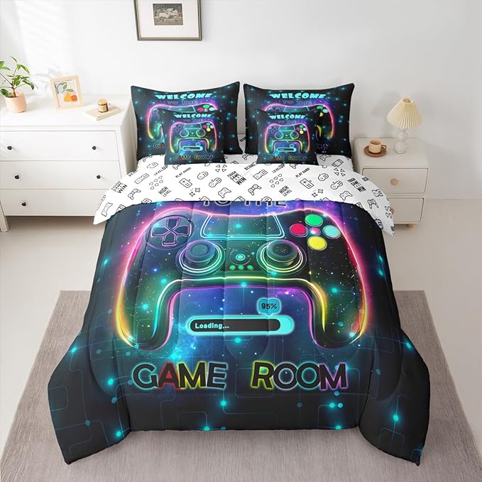jejeloiu Cool Gamer 7 Piece Bedding Set King Size for Boys 3D Gaming Comforter Set with Sheets Kids Teens Bright Color Bed in a Bag Modern Game Console Bed Set
