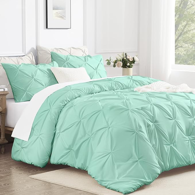 Andency Mint Green Queen Comforter Set, 3 Piece All Season Decorative Pintuck Bedding Comforter & Sets, Mint Green Soft Microfiber Lightweight Washable Bed Set for Queen Size Bed